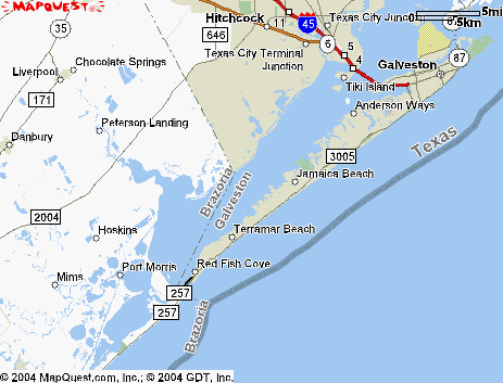 Map of the route to the Christmas Bay launch from Galveston