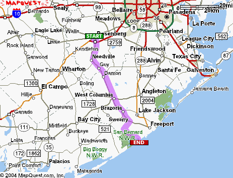 Map of the route to the San Bernard River from Sugar Land
