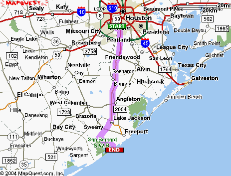 Map of the route to the San Bernard River from Houston