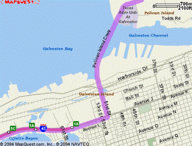 Map of the route to SeaWolf Park in Galveston