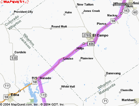 Map of the route to Charlie's Bait Camp near Seadrift