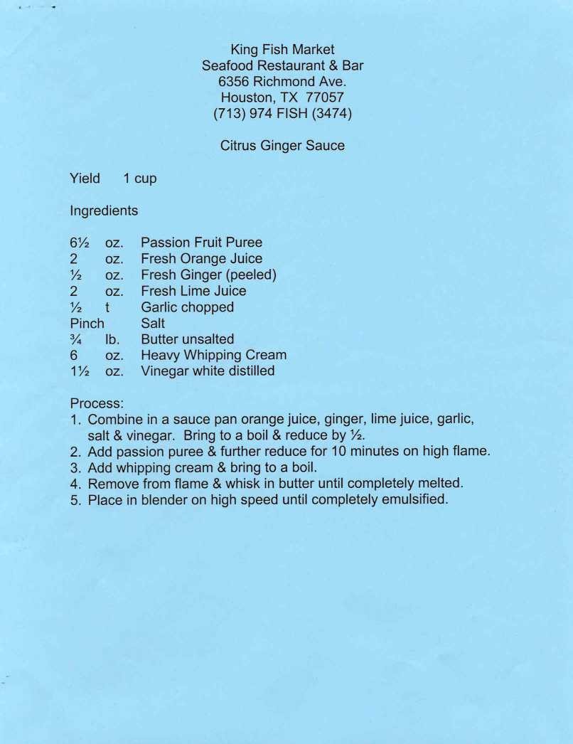 Scanned recipe card for Citrus Ginger Sauce from King Fish Market
