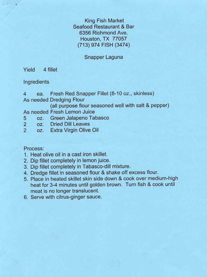 Scanned recipe card for Snapper Laguna from King Fish Market